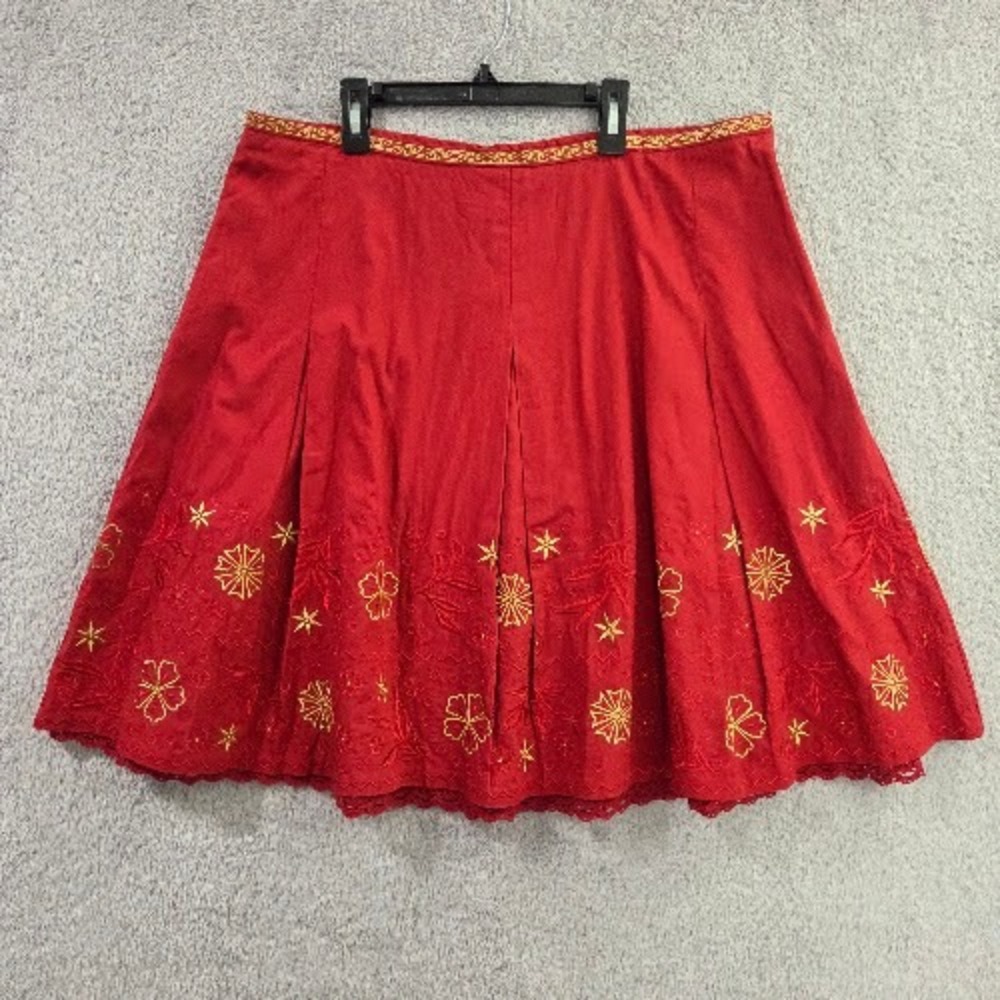 Talbots Skirt Women's 18 Red Gold Embroidered Floral Holiday Cotton A-Line Knee